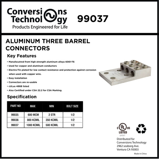 Conversions Technology Aluminum Three Barrel Connectors 500 kcmil min. to 1000 kcmil max. 1/2 inch Stud Size