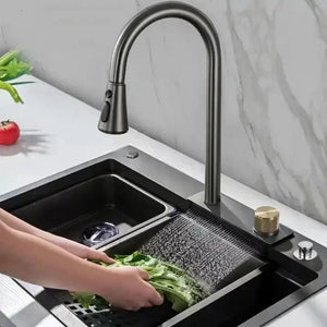 Conversions Tech Stainless Steel / Gun Gray kitchen faucet Contemporary 1-mm Thick Nano Black Kitchen Faucet Stainless Steel Grey Pullout Waterfall Square Overmount for Modern RV
