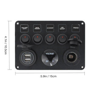 Conversions Technology 0 Boat Switch Panel Car Switch Panel Waterproof Digital Voltmeter Dual USB Port 12V Outlet Combination Marine LED Rocker 5 Gang