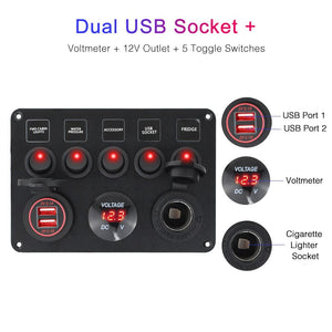 Conversions Technology 0 Boat Switch Panel Car Switch Panel Waterproof Digital Voltmeter Dual USB Port 12V Outlet Combination Marine LED Rocker 5 Gang