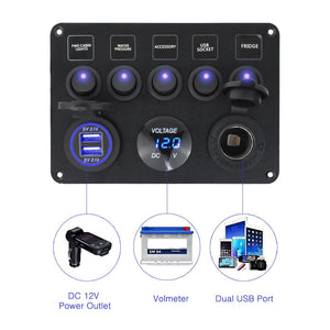 Conversions Technology 0 Boat Switch Panel Car Switch Panel Waterproof Digital Voltmeter Dual USB Port 12V Outlet Combination Marine LED Rocker 5 Gang
