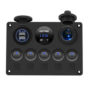 Conversions Technology 0 Blue Boat Switch Panel Car Switch Panel Waterproof Digital Voltmeter Dual USB Port 12V Outlet Combination Marine LED Rocker 5 Gang