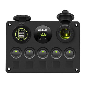 Conversions Technology 0 Green Boat Switch Panel Car Switch Panel Waterproof Digital Voltmeter Dual USB Port 12V Outlet Combination Marine LED Rocker 5 Gang