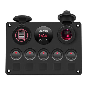 Conversions Technology 0 Boat Switch Panel Car Switch Panel Waterproof Digital Voltmeter Dual USB Port 12V Outlet Combination Marine LED Rocker 5 Gang