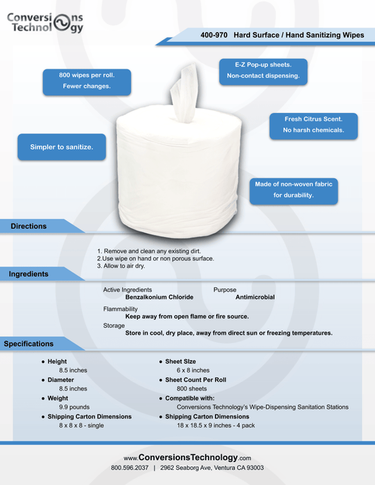 Conversions Technology PPE PPE | 800-count High-Capacity Wipe Refill Roll, for use with Sanitation Stations