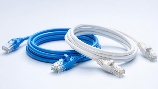 Blue and white Cat6 ethernet patch cables with RJ45 connectors | Conversions Tech