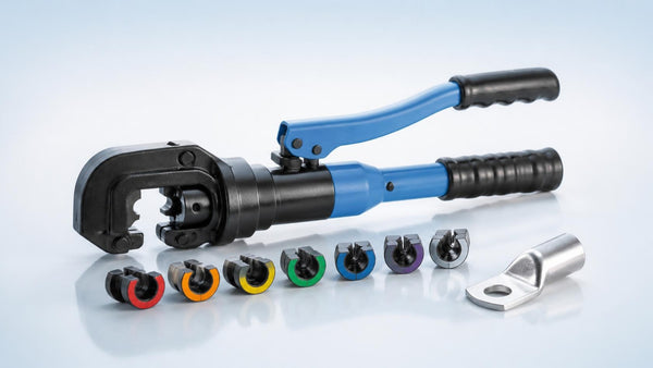 Hydraulic crimping tool with a row of color-coded crimp dies and a copper compression lug | Conversions Tech