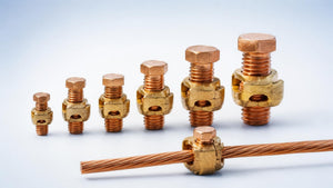 Bronze split bolt connectors in ascending sizes, one joining two copper conductors | Conversions Tech