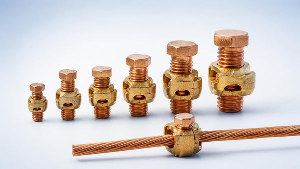 Bronze split bolt connectors in ascending sizes, one joining two copper conductors | Conversions Tech