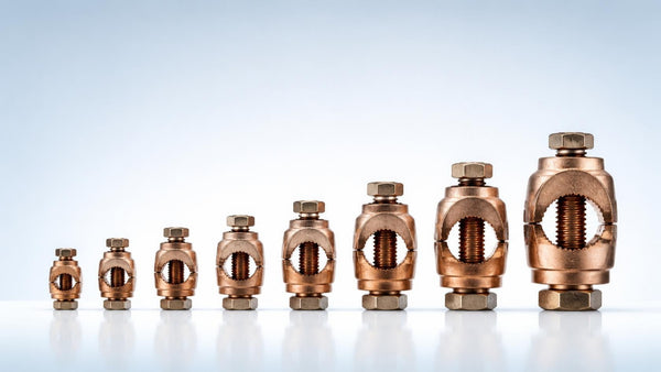 Row of copper split bolt connectors in ascending sizes | Conversions Tech