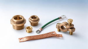 Grounding bushings, green grounding pigtail, copper bonding jumper and rebar ground clamp | Conversions Tech