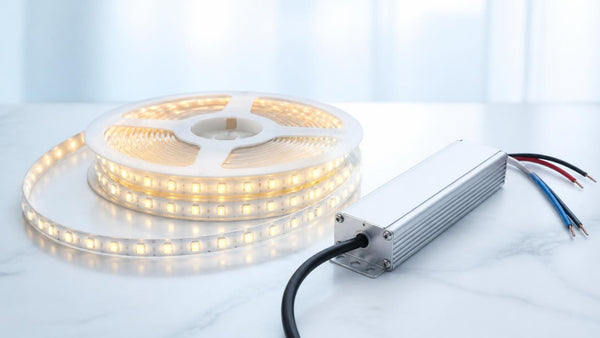 Reel of warm white LED strip lighting next to an LED driver power supply | Conversions Tech