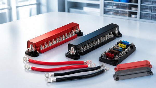 Red and black DC busbars with a blade fuse block and battery cables | Conversions Tech
