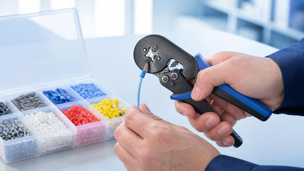 Hands crimping an insulated wire ferrule with a ratcheting crimper beside a color-coded ferrule assortment | Conversions Tech