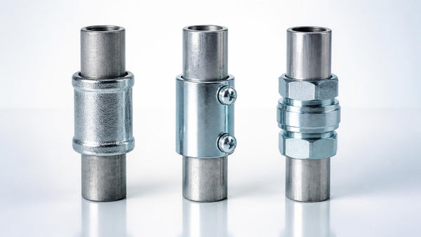 Threaded rigid, EMT set-screw and EMT compression couplings side by side | Conversions Tech