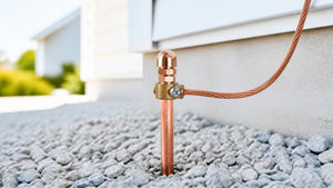 Copper-bonded ground rod with acorn clamp and bare copper grounding conductor | Conversions Tech