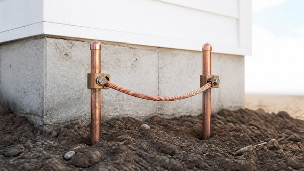 Two copper-bonded ground rods with acorn clamps and bare copper grounding wire at a foundation | Conversions Tech
