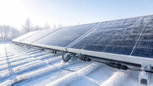 Rooftop solar panel string with PV wire and MC4 connectors on a frosty winter morning | Conversions Tech