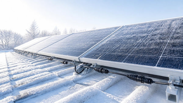 Rooftop solar panel string with PV wire and MC4 connectors on a frosty winter morning | Conversions Tech