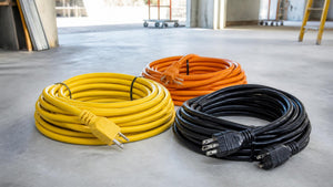 Yellow, orange and black heavy duty extension cords coiled on a job site floor | Conversions Tech