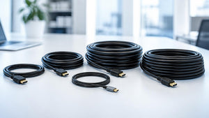 Coiled HDMI cables of different lengths with gold plated connectors on a workspace | Conversions Tech
