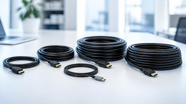 Coiled HDMI cables of different lengths with gold plated connectors on a workspace | Conversions Tech