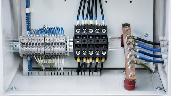 DIN rail terminal blocks, power distribution block and copper busbar inside a control panel | Conversions Tech