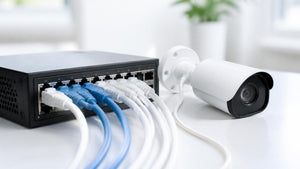 Blue and white Cat6 patch cables plugged into a PoE network switch with a security camera | Conversions Tech