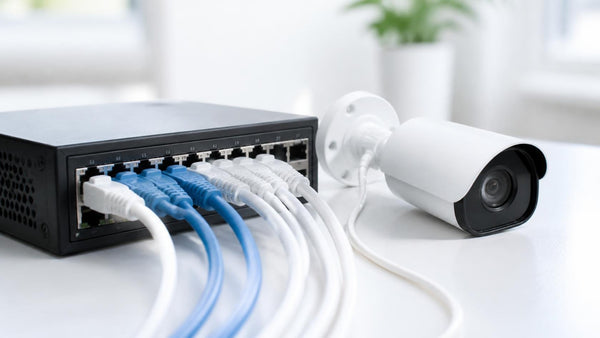 Blue and white Cat6 patch cables plugged into a PoE network switch with a security camera | Conversions Tech