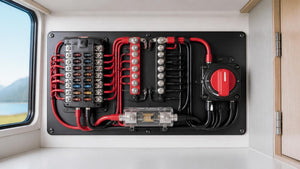 RV 12 volt DC panel with fuse block, busbars, ANL fuse and battery disconnect switch | Conversions Tech