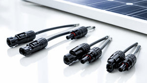 Pairs of MC4 style solar PV connectors with PV wire in front of a solar panel | Conversions Tech