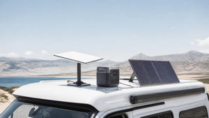 Flat satellite internet dish on a camper van roof with a portable battery and folding solar panel | Conversions Tech