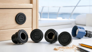 Panel mount 12 volt sockets and USB-C outlets on an RV cabinet with a hole saw | Conversions Tech