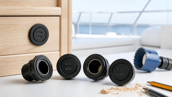 Panel mount 12 volt sockets and USB-C outlets on an RV cabinet with a hole saw | Conversions Tech