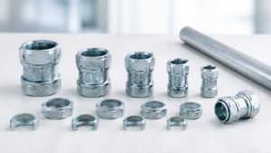 Zinc threadless compression couplings and connectors in several trade sizes beside rigid conduit | Conversions Tech