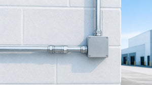 Rigid metal conduit with compression coupling and connector on a commercial exterior wall | Conversions Tech