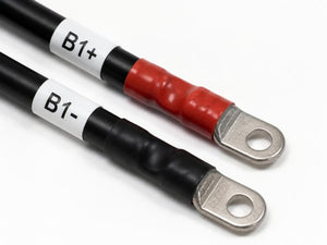 Custom DLO lug jumpers with tinned compression lugs, red and black heat shrink and printed ID markers