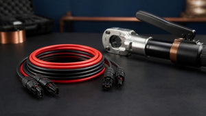 Custom red and black PV jumper cables with MC4 connectors next to a hydraulic crimper