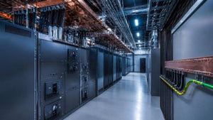 Data center electrical room with switchgear, overhead busway and copper ground bar