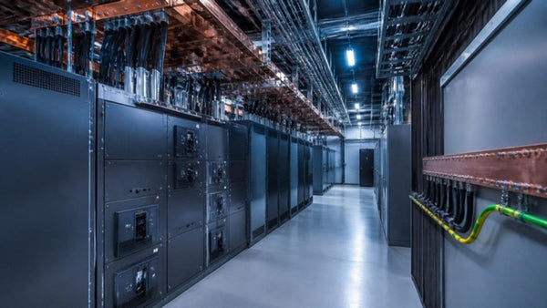 Data center electrical room with switchgear, overhead busway and copper ground bar