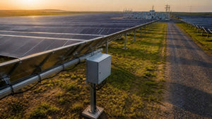 Utility scale solar farm with single axis tracker rows and a string combiner box