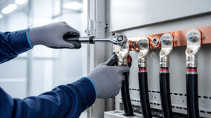 Electrician landing compression lugs on a panel bus bar | Conversions Tech