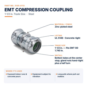 Conversions Tech Electrical > Conduit Fittings > EMT Couplings 1-1/2 in. EMT Compression Coupling, Steel | UL 514B | 3105-0112