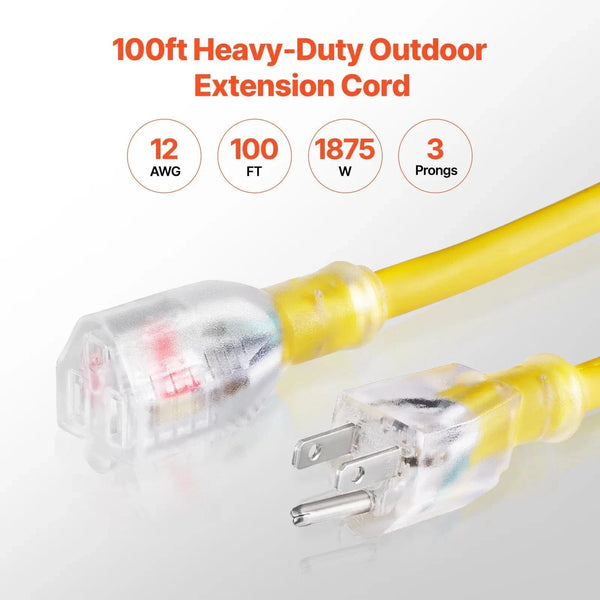 Conversions Tech 12 AWG 100FT Heavy Duty 12AWG 15Amps 1875W 3 Prongs Power Cord & Extension Cord Lighted End