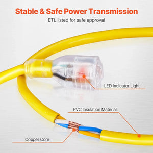 Conversions Tech 12 AWG 100FT Heavy Duty 12AWG 15Amps 1875W 3 Prongs Power Cord & Extension Cord Lighted End