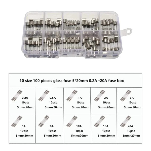 Conversions Tech 100pcs boxed 100Pcs Fast-Blow Glass Fuses Assorted Kit 5x20mm 0.2x0.78 Inch F10AL250V 0.2A 0.5A 1A 2A 3A 5A 8A 10A 15A 20A