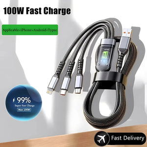 Conversions Tech black / 1.2m 100W Fast Charging Cable Multi Charger Cable Nylon Braided Multiple USB Universal 3 in 1 Charging Cord Adapter with Type-C Micro