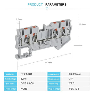 Conversions Tech 10Pcs PT2.5-QU Push-In Spring 4-Conductor Strip Plug PT 2.5 QUATTRO Wire Electrical Connector Din Rail Terminal Block PT 2.5-QU