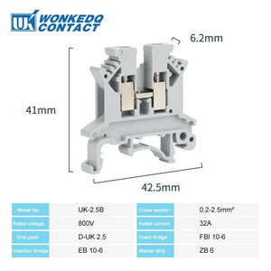 Conversions Tech 10Pcs UK 2.5 Terminal Block UK2.5B Screw Connection Connect Strip 2.5B 2.5mm² Cable Electrical Din Rail Wire Connector