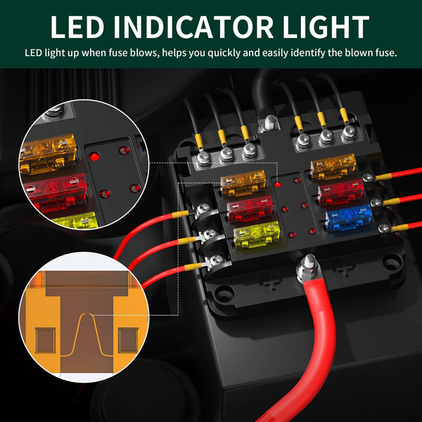 Conversions Tech 48 V / 100A 12V Blade Fuse 6 Circuit ATC/ATO Waterproof Fuse Box Holder 6 Way Fuse Block with LED Indicator for 12V/24V Automotive